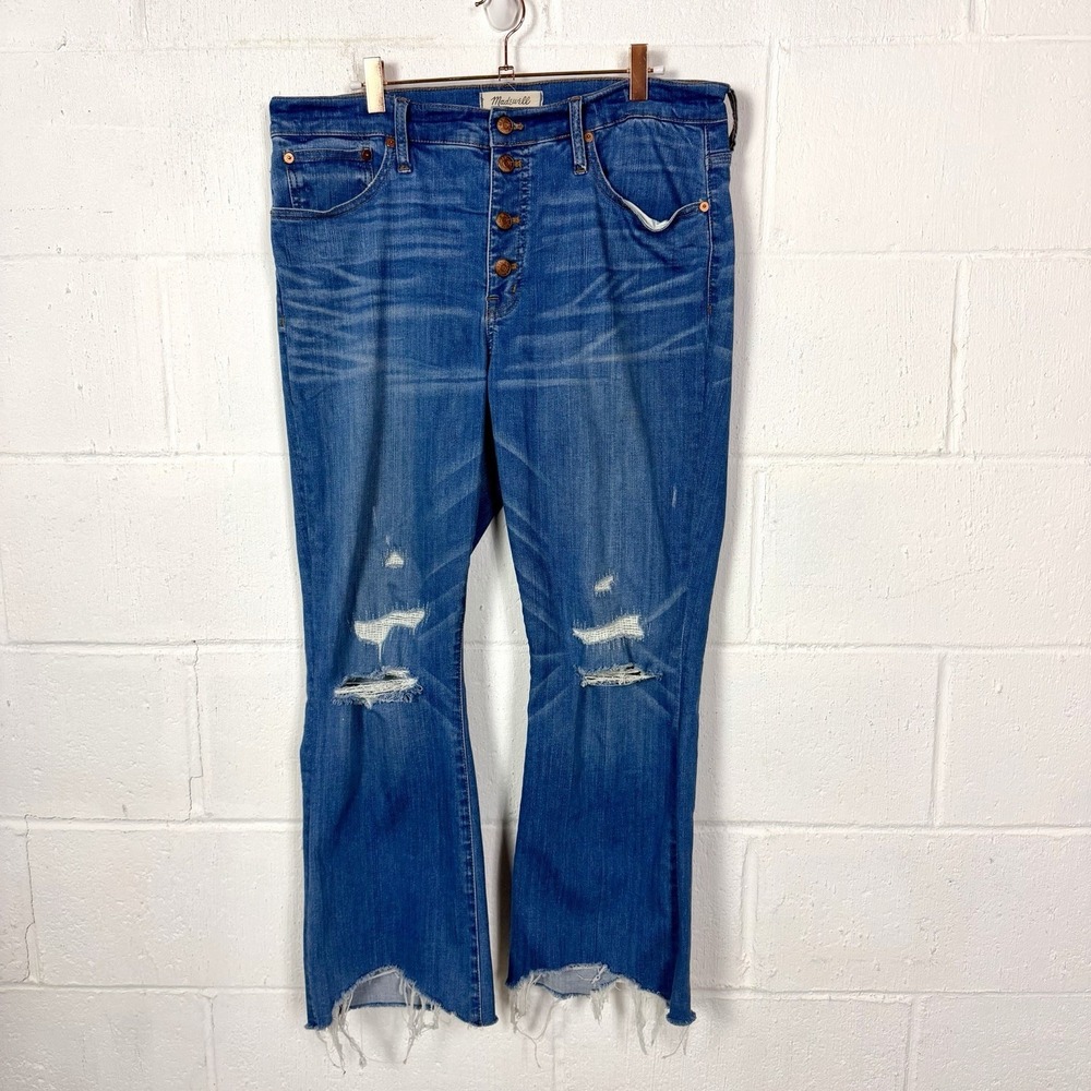 Madewell Cali Demi-Boot Jeans SZ 32 (Fits 35) Button Fly Distressed Raw Hem BoHo